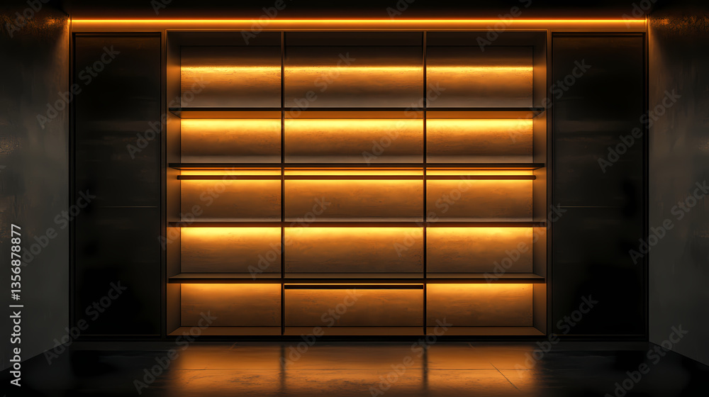 Poster illuminated shelves: a modern, minimalist design with illuminated shelves, creating a sense of depth