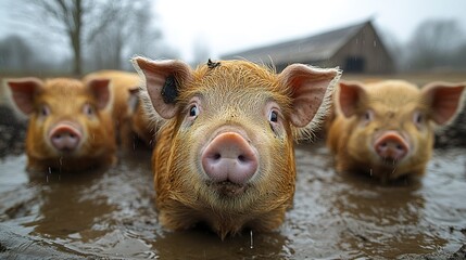 A group of hogs gather at a trough in a large, well-ventilated barn, the clean design reflecting modern animal husbandry and farming efficiency. 