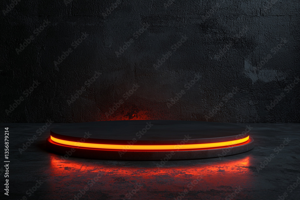 Poster illuminated circular platform with orange light against a dark textured background scene display