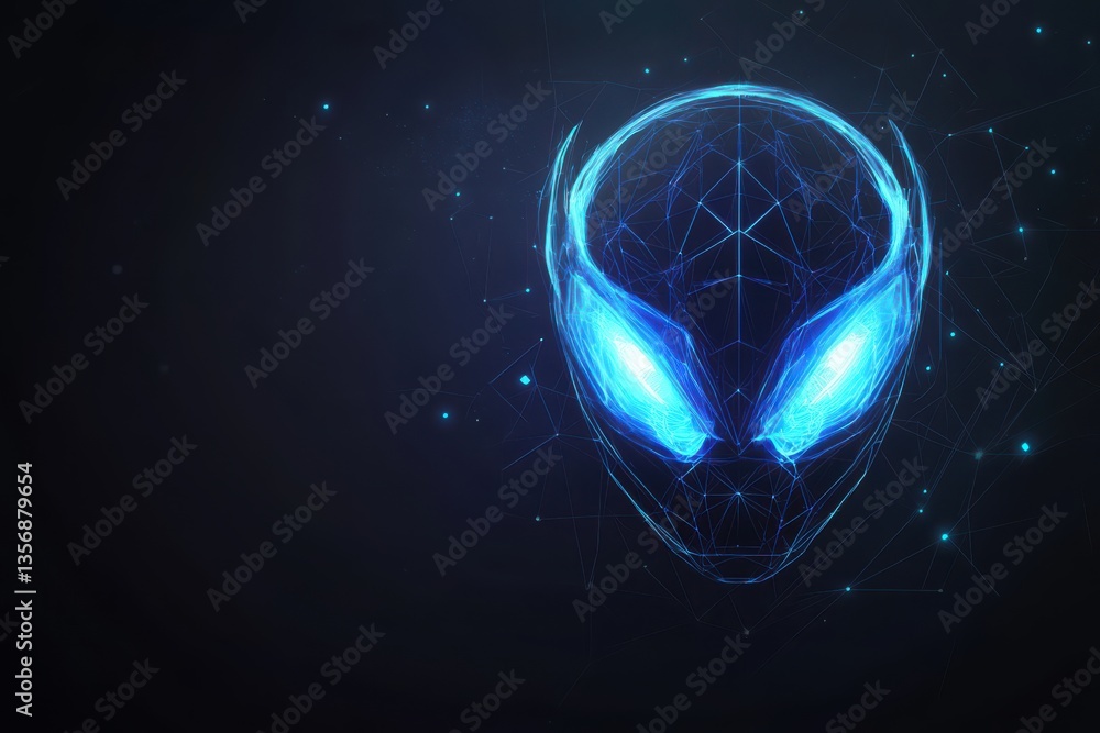 Poster A digital illustration of an alien face with a futuristic design. The face is the main subject of the image, featuring intricate details and unique features.