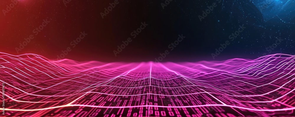 Poster Binary code background in 3D rendering with abstract digital concept. Futuristic digital landscape with vibrant waves of color.