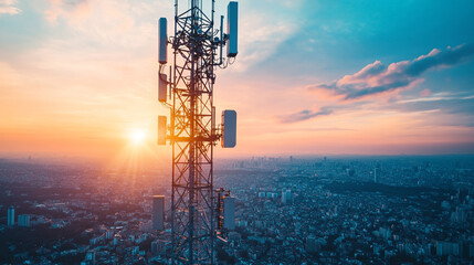 Telecommunication tower with antennas against a colorful sunset sky over a cityscape view