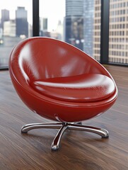 Elegant red leather egg-shaped chair with chrome base in a modern room featu polished mahogany and warm golden light