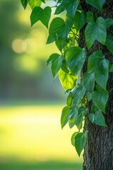 Obraz premium Lush Green Ivy Vines Climbing a Tree Trunk in a Serene Forest Setting with Soft Bokeh Background