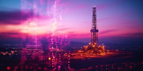 An oil rig platform stands at dusk against a colorful sky