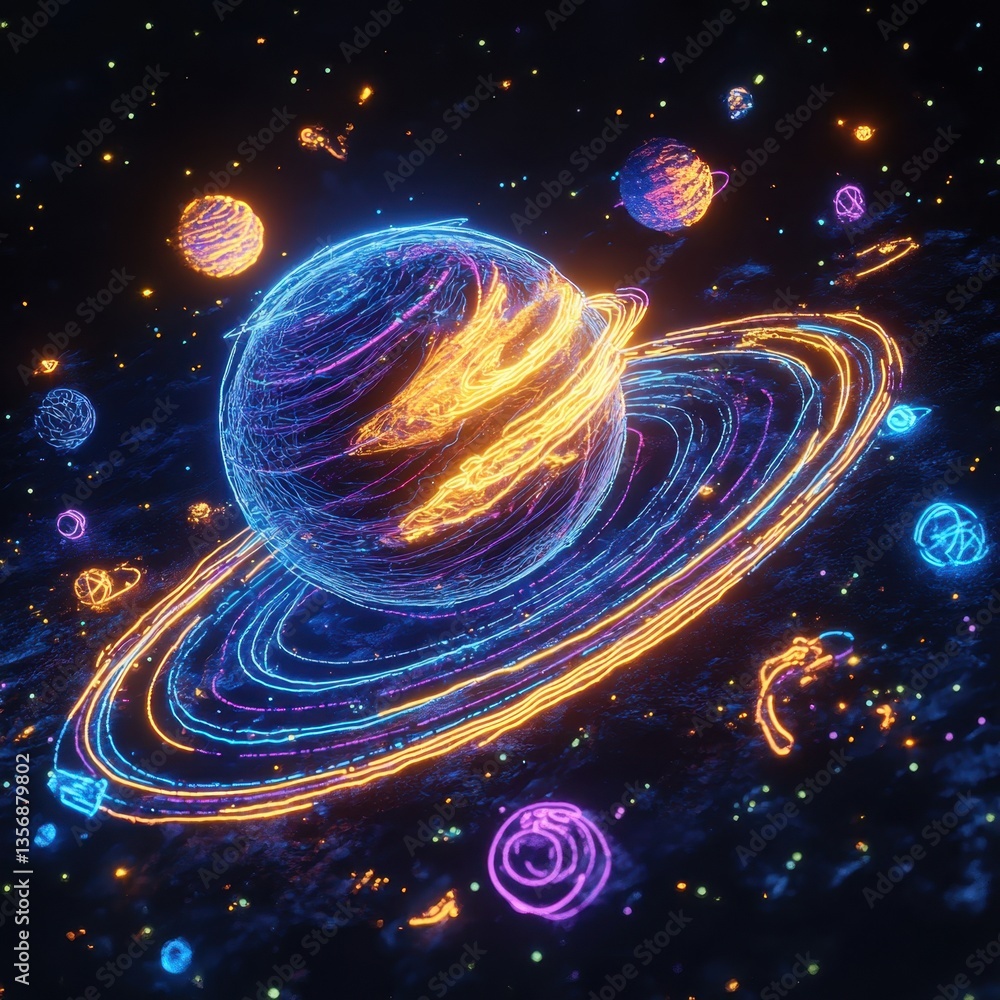 Poster vibrant cosmic scene featuring a glowing planet with rings amidst a field of stars in a dark space b