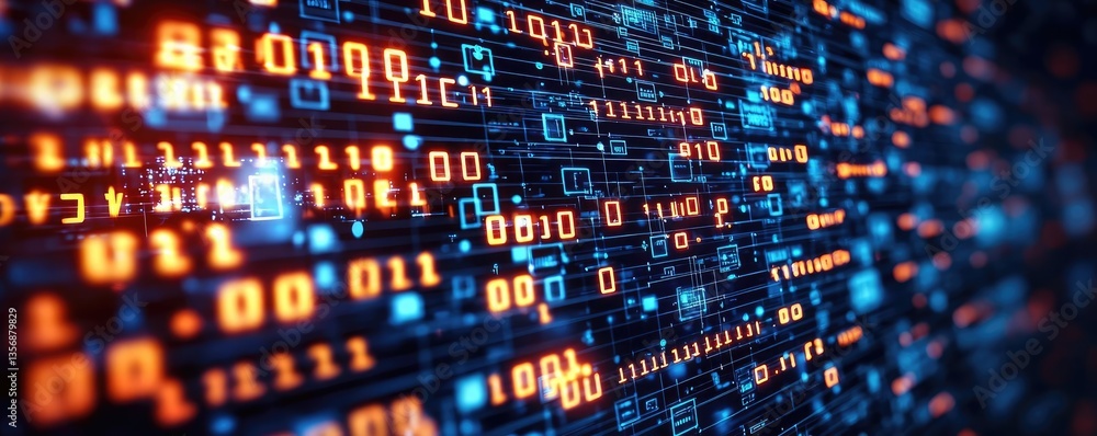 Poster Binary code background in 3D rendering with abstract digital concept. Abstract representation of digital data flow with binary numbers.