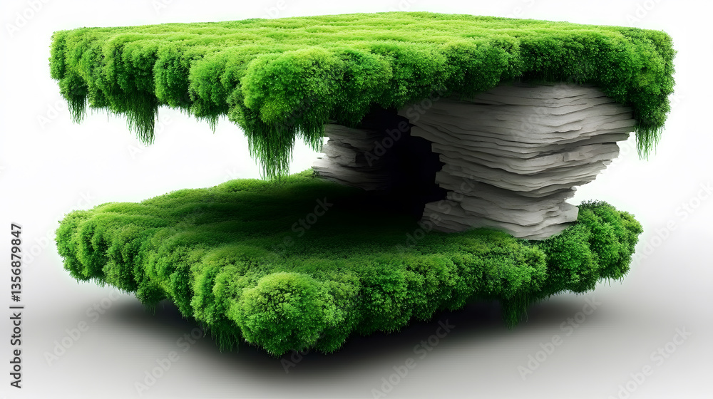 Poster a surreal, layered structure featuring lush green moss atop textured stone, blending nature with mod