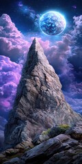 Twilight Mountains with Jagged Peaks Beneath a Large Otherworldly Moon Illuminating the Violet Sky in the Evening