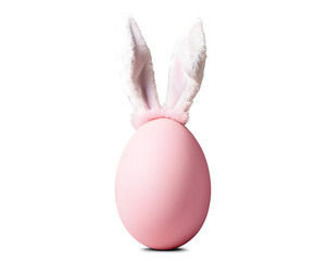 Fototapeta premium A single large Easter egg wearing a set of fluffy pink bunny ears, placed on a white background. 