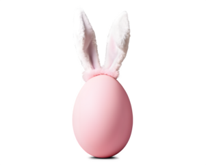 A single large Easter egg wearing a set of fluffy pink bunny ears, placed on a white background.
