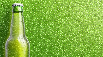 Frosty beer bottle with condensation surrounded by emerald leaves ready for refreshing enjoyment on a warm sunny day outdoors