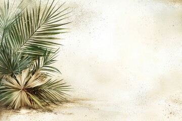 Explore an Eco-Friendly Destination with Lush Palm Fronds and Sandy Beach Under Sun-Drenched Beige Background Hues