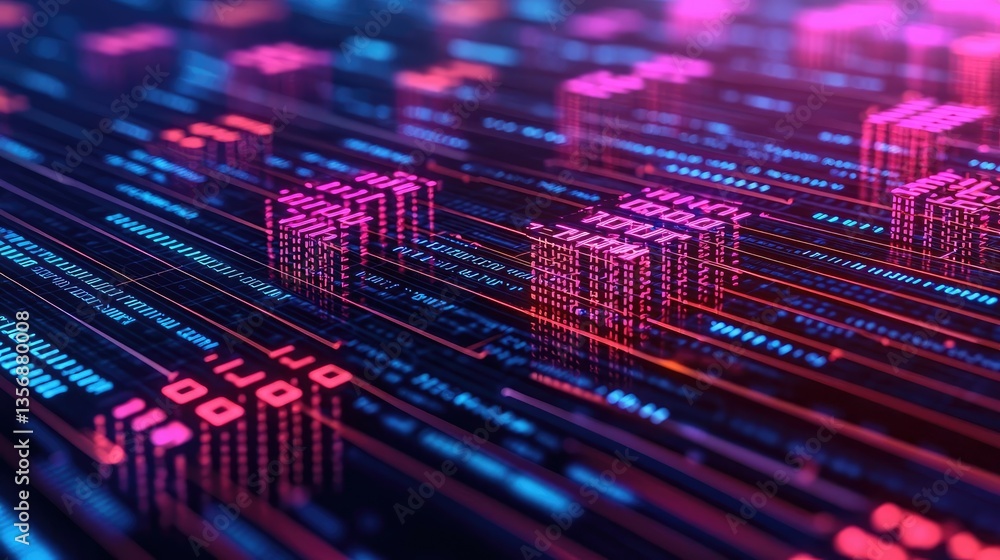 Poster Binary code background in 3D rendering with computer technology concept. Abstract digital data visualization with vibrant colors and patterns.