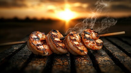 Grilled shrimp sizzle under a golden sunset with delicious aromas filling the air du a perfect outdoor evening barbecue