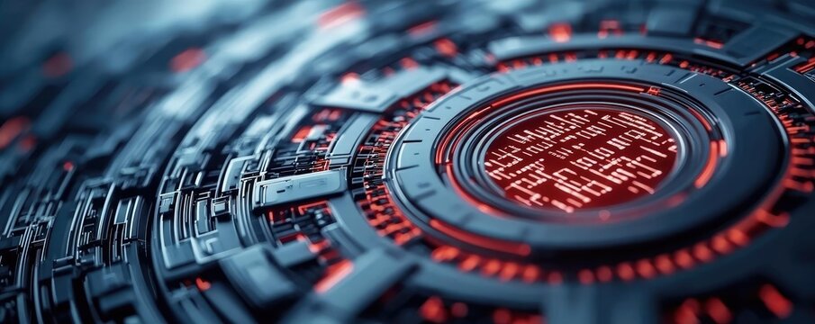 Binary code background in 3D rendering with abstract digital concept. Futuristic circuit with glowing red elements and intricate details.