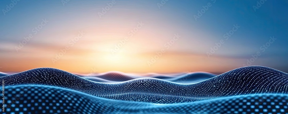Poster Binary code background with abstract database and light technology concept. Futuristic landscape showcasing digital waves and sunset.