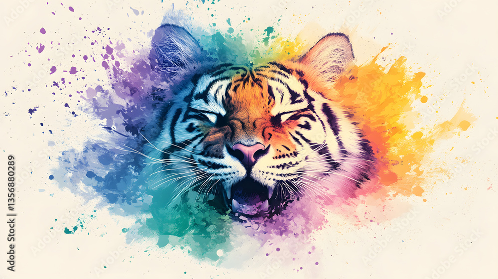 Poster a vibrant, artistic depiction of a tiger's face, surrounded by a colorful splash of paint, blending 