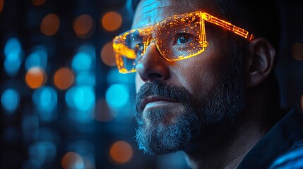 A logistics professional evaluates inventory using advanced augmented reality glasses in a modern warehouse hub during evening hours. Bright lights illuminate the setting.