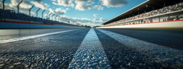Close-up low angle perspective of racetrack with blue stripes and blurred crowd, capturing tension before race begins.