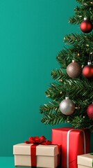 Majestic Christmas tree adorned with red, burgundy, silver, and gold ornaments beneath twinkling fairy lights in wintertime