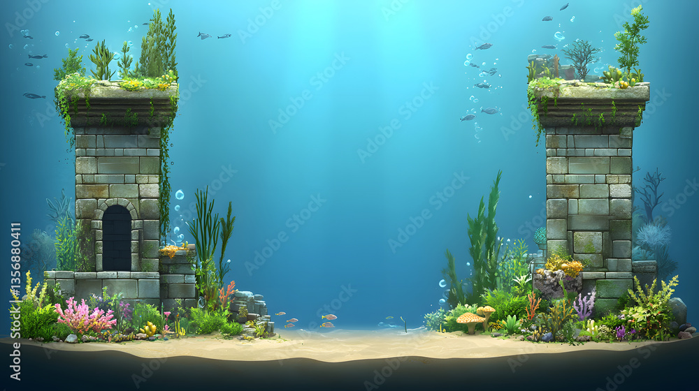 Poster an underwater scene featuring ancient stone structures surrounded by vibrant aquatic plants and fish