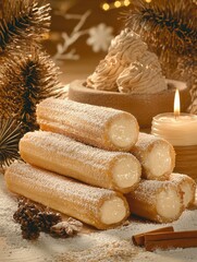 Gourmet churros filled with creamy custard and dusted with powdered sugar served alongside a bowl of delicious sauce