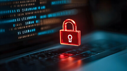 Red Glowing Padlock Hologram on Laptop Keyboard with Code Background