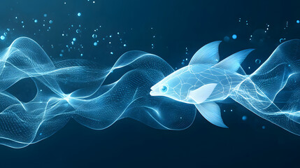 A digital fish swims through shimmering waves of blue light, creating a serene underwater atmosphere with abstract elements