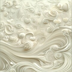 A serene swirling cream-colored relief pattern with delicate thin-line icons of hearts flowers and flowing waves design art