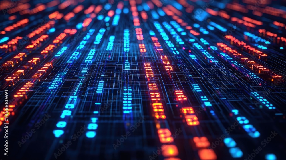 Poster Binary code background and matrix computer technology light concept. Dynamic digital data stream in vibrant blue and red colors.