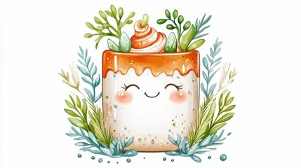 Adorable kawaii sushi roll sticker design featu a smiling orange-glazed sushi roll topped with swirl and greenery accents