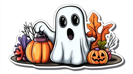 Adorable anime ghost sticker design with jack-o'-lantern bucket in autumn leaves and pumpkins, ideal for Halloween decor ideas