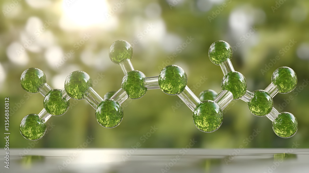 Poster a molecular structure with green spheres representing atoms, set against a natural blurred backgroun