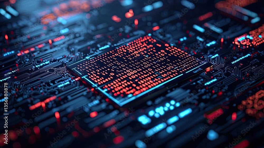 Aufkleber Binary code background in a computer matrix with scientific digital concept. Close-up view of a high-tech circuit board with red and blue lights.