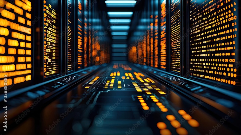 Aufkleber Binary code background in a computer matrix with scientific digital concept. Illuminated data center corridor showcasing vibrant server lights.