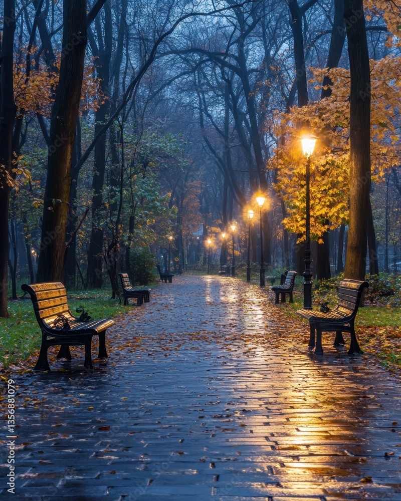 Poster enchanting autumn night park scene with glowing lampposts reflecting on wet pavement and scattered f