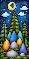 A Whical Vibrant Nighttime Scene with Stylized Trees Colorful Hills Crescent Moon and Stars for Vertical Calendar 2025