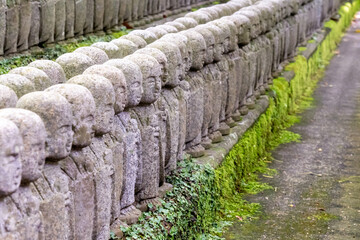 Rows of stone Jizo statues, covered in moss, line a path in a serene Japanese temple garden at Hase-dera Temple Kamakura, Japan