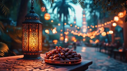 Ornate lantern, dates, outdoor patio, evening market