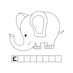 Elephant, English alphabet, abc, riddle, coloring for kids, letter E, crossword, black and white doodle