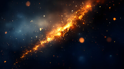 Naklejka premium A stunning cosmic scene featuring a glowing, golden galaxy against a dark backdrop, filled with stars and celestial elements