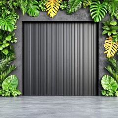 Modern farmhouse garage door with dark metal roll-up design framed by a vibrant lush vertical garden of tropical foliage