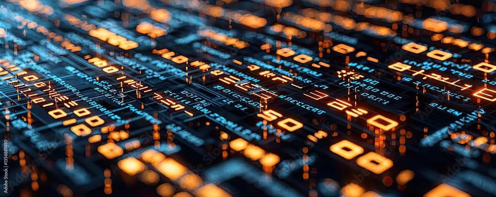Aufkleber Binary code background in a computer matrix with scientific digital concept. Abstract digital data visualization with glowing numbers and shapes.
