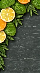 Fresh Lemon and Orange Slices Surrounded by Lush Green Leaves on a Dark Slate Background Evoking Vibrant Natural Beauty