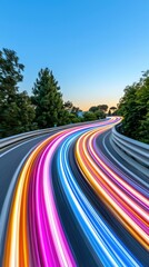 Bustling cityscape at twilight with vibrant AR overlays, curving highway, and colorful light trails from speeding vehicles