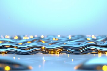 Shimme Liquid Chrome Waves Flowing with Ethereal Golden Bokeh Lights Creating a Luxurious and Mesmerizing Effect