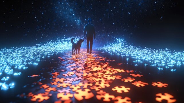 A Person Walking with a Dog on a Colorful Path Made of Puzzle Pieces Leading to a Starry Universe with a Mystical Atmosphere
