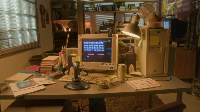 Zoom in shot of retro computer with pixel videogame on screen and 90s styled desk in cluttered warm tone setting, copy space