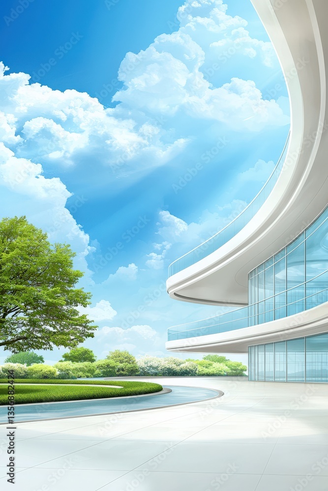 Poster a large building with a tree in front of it. the sky is blue and there are clouds